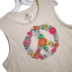 PositiviTees Womens XXL Tank Top Beige Floral Peace Sign Sleeveless Hippie Shirt